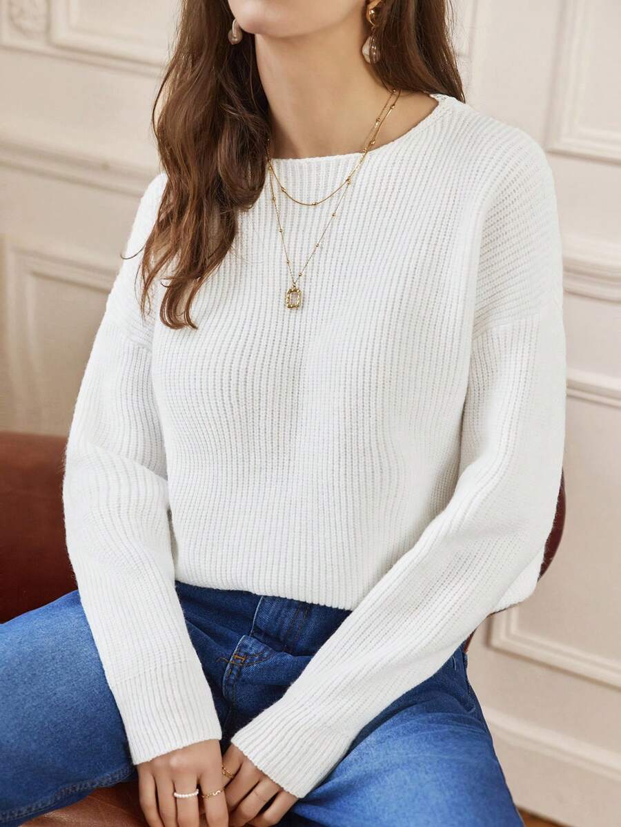 SHEIN Frenchy Solid Color Drop Shoulder Sweater Winter White Casual - White - View 1