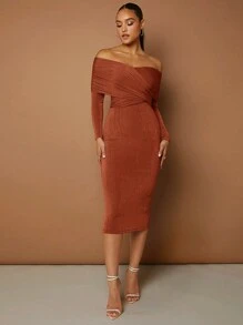 SHEIN BAE 露肩裹身交叉繫帶修身連身裙 - 鏽棕色 - 查看 4