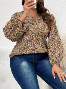 SHEIN LUNE 大碼花卉印花燈籠袖v領襯衫 - 彩色 - 查看 1