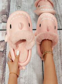 男女可拆卸鲨鱼拖鞋，软底，防滑，保暖内衬，适合秋冬季 - 粉色 - 查看 1