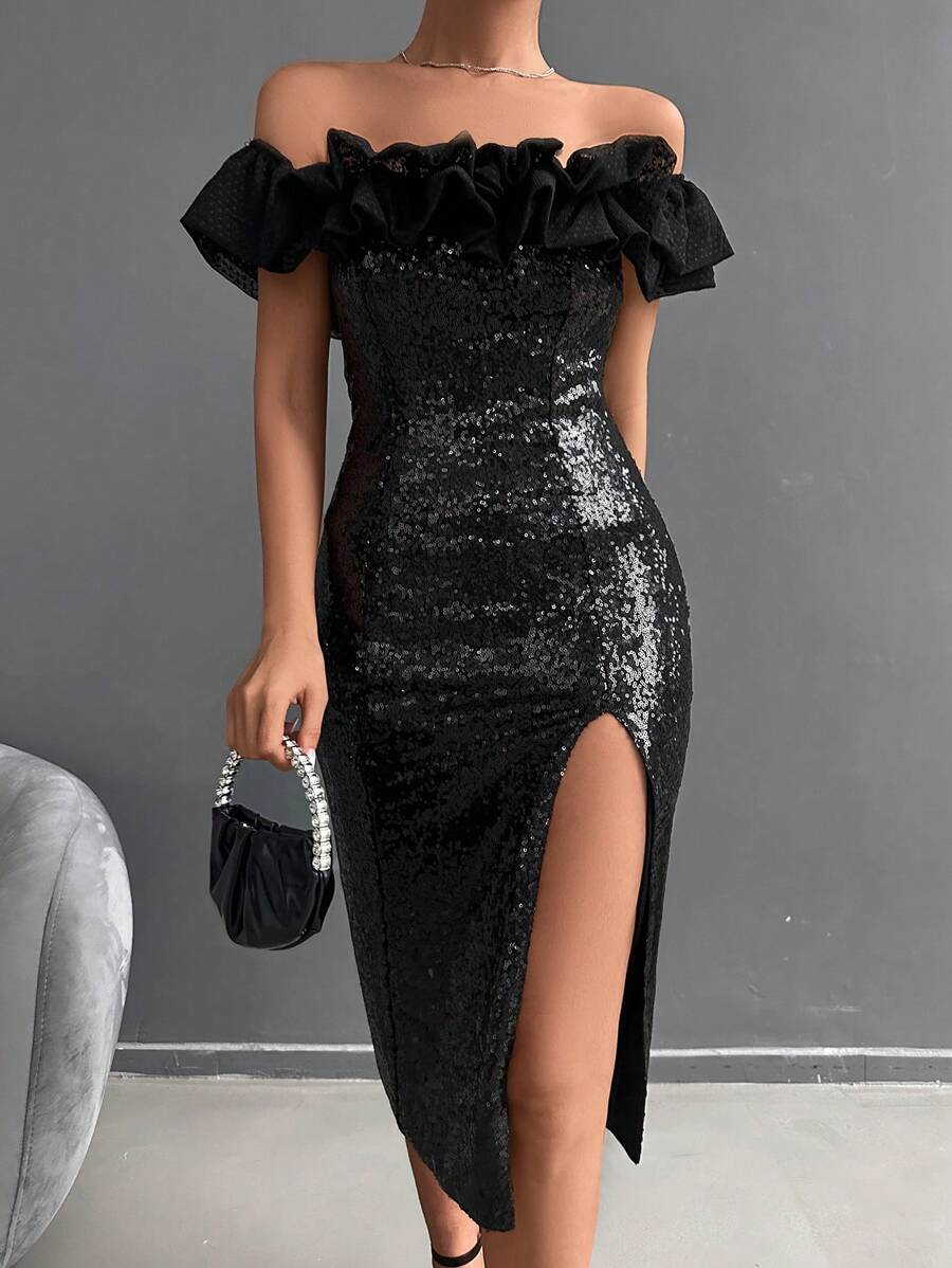 EURMUSE Solid Off Shoulder Sequin Dress - Black - View 1