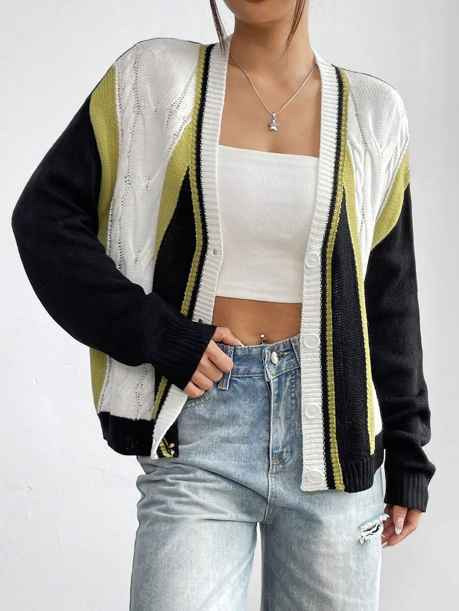 SHEIN Unity Cárdigan de mujeres color bloqueo con parte delantera abierta con espalda - Multicolor - Ver 1