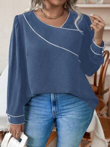 Calvaya 大尺碼不對稱領口拼色襯衫 - 藍色 - 查看 3