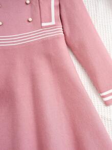 SHEIN Cô gái Tween Sọc trang trí Chi tiết Nút Cổ áo tương phản A-line Đầm Áo len - Hồng - Xem 3
