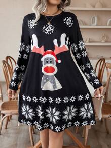 Calvaya Halloween Plus Size Snowflake & Reindeer Pattern Printed Dress, Great For Christmas - Black - View 6