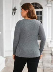 SHEIN Clasi Của phụ nữ Kích thước lớn Không đối xứng Đường viền cổ áo Xu hướng: Cắt giảm Chất rắn Tay áo dài Áo thun - Màu xám đen - Xem 2