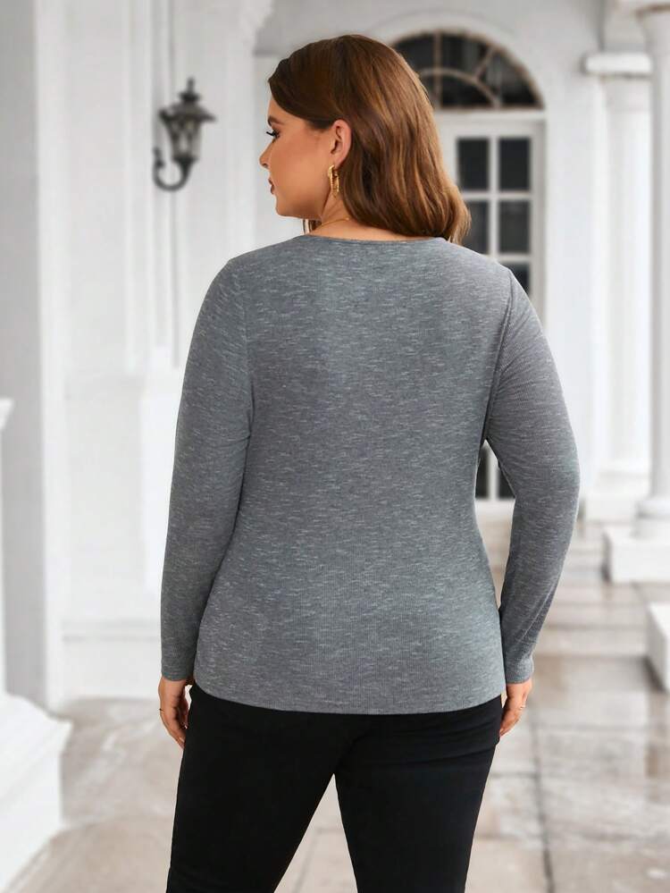 Women's Plus Size Asymmetric Neckline Hollow Out Solid Long Sleeve T-shirt