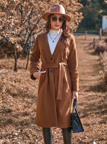 SHEIN Clasi 女式鈕扣式翻領腰帶羊毛外套 - 咖啡棕 - 查看 6
