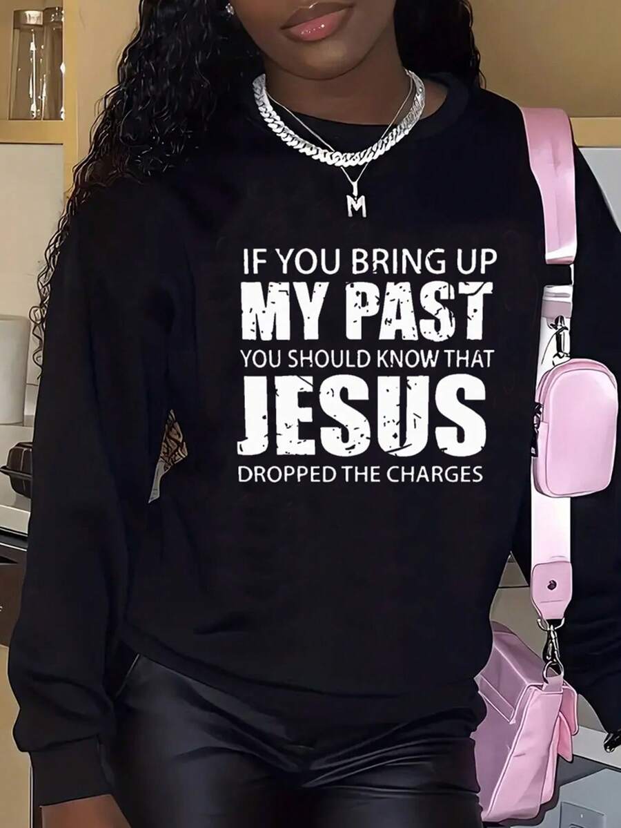 INAWLY Women'S Slogan Print Fleece Sweatshirt - Black - View 1