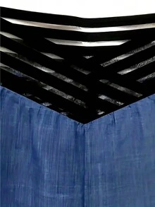 十字腰寬腿褲,休閒寬鬆網格拼接褲,女裝 - 淺藍色 - 查看 3