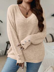 SHEIN Clasi 大碼落肩袖紐扣細節條紋針織套頭毛衣 - 卡其色 - 查看 7