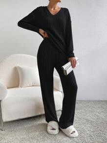 EURMUSE Women's Solid Knitted Sweater And Pants Two-piece Set - Black - View 1