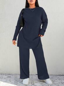 EURMUSE Plus Size  Two Piece Set With Open Fork Top And Pants - Navy Blue - View 1