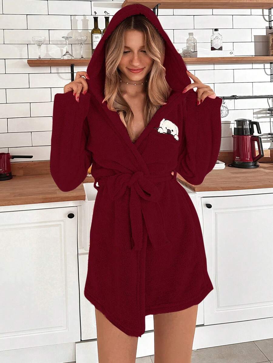 RueChic Cartoon Embroidered Hooded Belted Flannel Sleep Robe - Burgundy - View 1