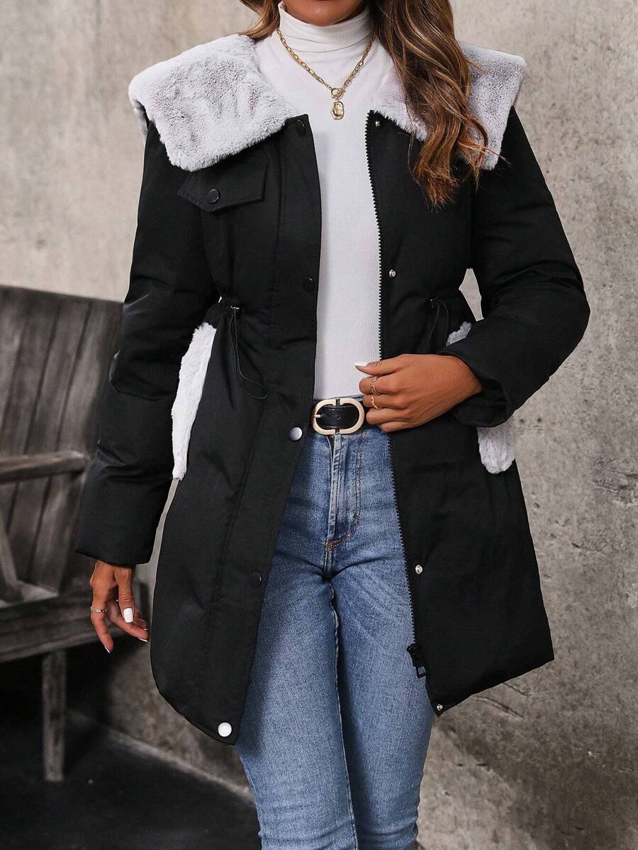 SHEIN LUNE 女士加厚棉袄 冬季加厚棉衣 腰部抽绳 - 黑色 - 查看 1