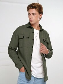 EURMUSE Men's Solid Color Flap Pocket Jacket - Army Green - View 3
