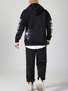 ROMWE MEN Goth Men's Hooded Sweatshirt And Sweatpants 2 Piece Set With Letter Print And Drawstring - Black - View 2
