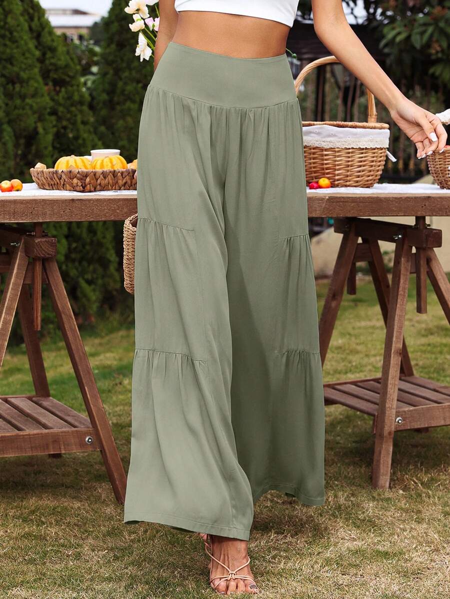 SHEIN VCAY Wide Waistband Ruffle Hem Wide Leg Pants - Army Green - View 1