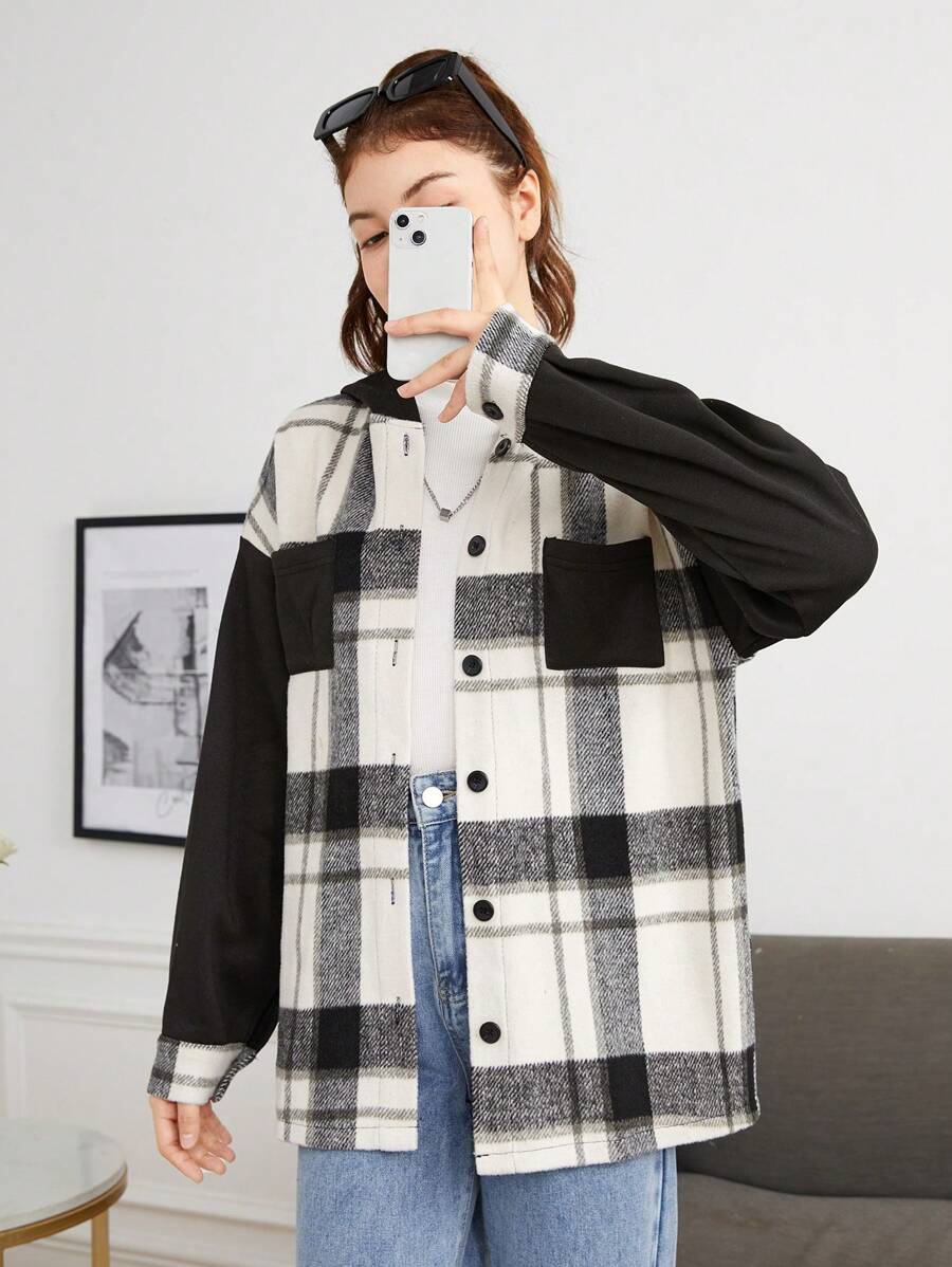 青少年女孩格紋印花落肩袖外套 - 黑色 - 查看 1