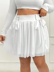SHEIN Qutie Plus Lace Up Front Mesh Skirt - White - View 3