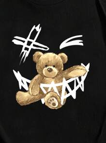 GENTILAND Loose Fit Men's Teddy Bear & Expression Printed T-Shirt - Black - View 4