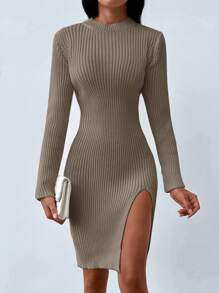 EURMUSE Split Thigh Sweater Dress - Apricot - View 4
