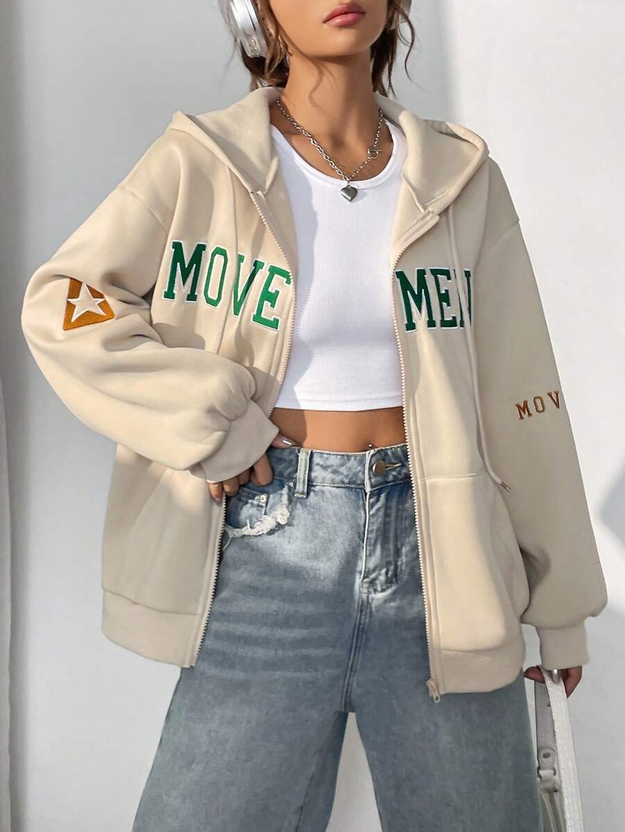 SHEIN EZwear Women's Beige Hooded Zip Up Sweatshirt - Apricot - View 1