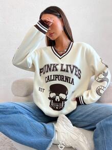 SHEIN Unity 骷髏頭和字母圖案條紋飾邊落肩袖運動衫 - 杏色 - 查看 1