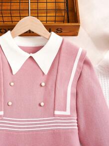 SHEIN Cô gái Tween Sọc trang trí Chi tiết Nút Cổ áo tương phản A-line Đầm Áo len - Hồng - Xem 4