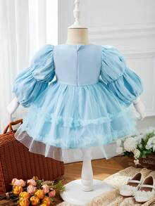 SHEIN Gorgeous, Elegant Bow Puff Sleeve Mesh Dress For Baby Girls, Suitable For Parties - Blue - View 2