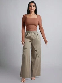 SHEIN PETITE 圆领侧边褶皱T恤 - 鏽棕色 - 查看 3