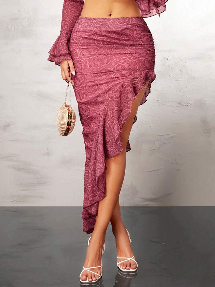 Women's Floral Printed Pencil Skirt With Pleats And Frill Hem, Bodycon