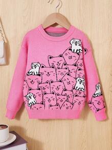 SHEIN 幼童女童休閒寬鬆貓咪卡通圓領寬鬆毛衣,長袖 - 玫紅色 - 查看 1