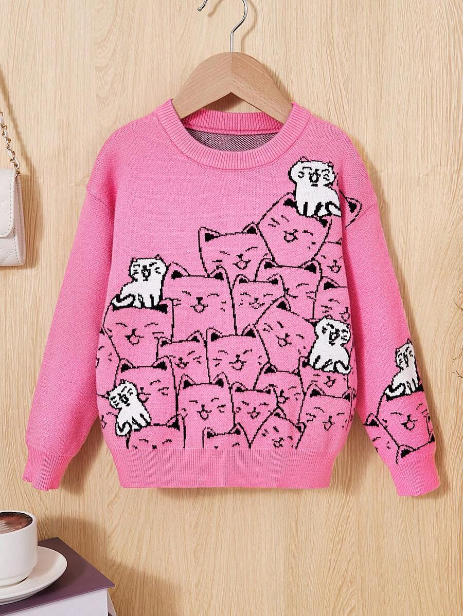 SHEIN 幼童女童休閒寬鬆貓咪卡通圓領寬鬆毛衣,長袖 - 玫紅色 - 查看 1