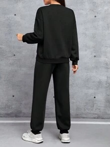 SHEIN PETITE 小熊和字母圖案下垂肩毛衣和運動褲 - 黑色 - 查看 2