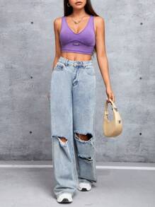 SHEIN PETITE Letter Detail Cropped Sleeveless Tank Top - Purple - View 6