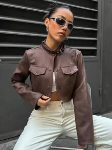 SHEIN Unity Chi tiết về Flap Mùa vụ Da giả Áo khoác - Cà phê nâu - Xem 6