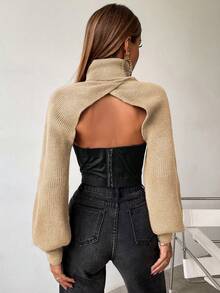 VaVaBold 女式高領短版毛衣套頭衫 - 杏色 - 查看 2