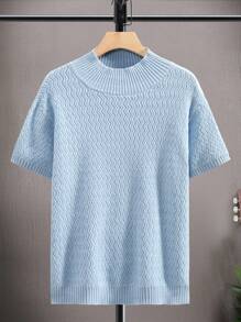 Manfinity Homme 男士素色針織短袖套頭毛衣帶人字形高領 - 淺藍色 - 查看 3