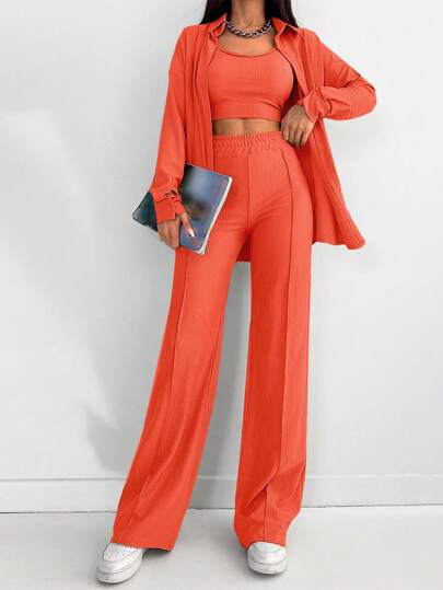 EURMUSE 3pcs/Set Women Solid Color Dropped Shoulder Long Sleeve Shirt, Cropped Vest And Pants Casual Spring/Summer Outfits