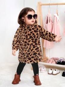 SHEIN 嬰兒女孩休閒豹紋圖案帽套加厚連衣裙 - 棕色 - 查看 1