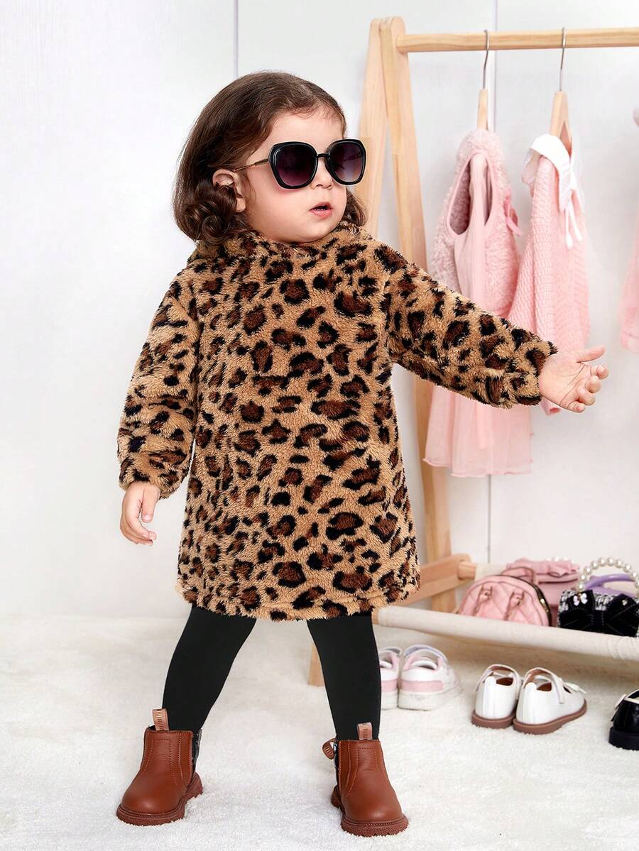 SHEIN 嬰兒女孩休閒豹紋圖案帽套加厚連衣裙 - 棕色 - 查看 1