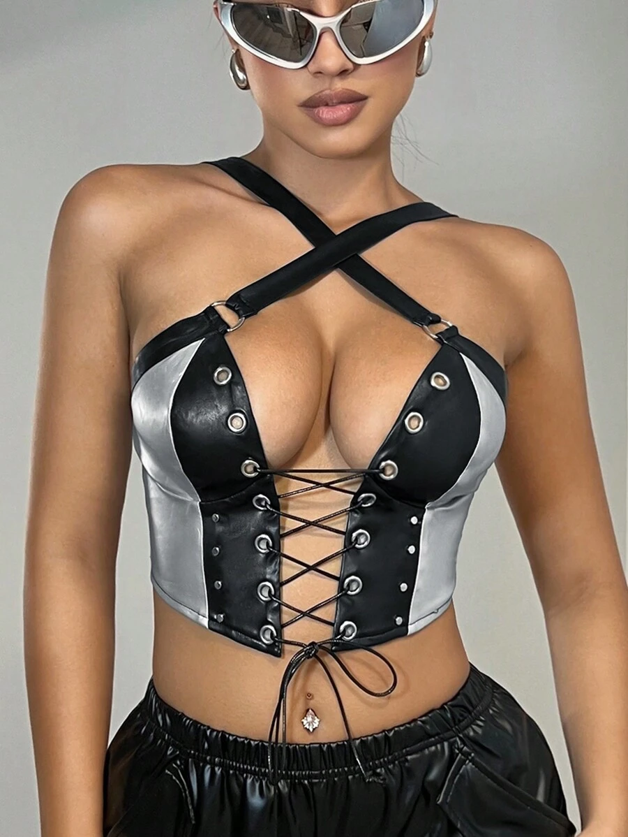 SHEIN ICON Two Tone Lace Up Front Crop PU Leather Halter Top - Black - View 1