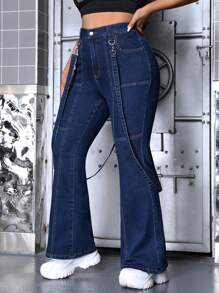 SHEIN ICON 女性加大碼高腰喇叭牛仔褲 - 藍色 - 查看 5