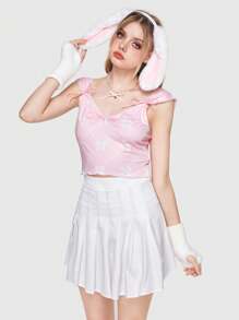 ROMWE Kawaii Của phụ nữ Nơ In ấn Xù Self Tie Mặt trước Áo ba lỗ - Hồng - Xem 5