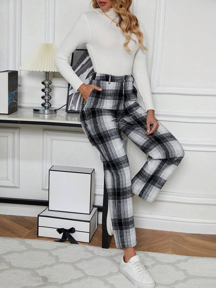 Plaid Slant Pocket Straight Leg Suit Pants