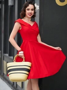 MUXXN Đầm xòe dáng chữ A cổ chữ V phong cách retro thập niên 1950, thích hợp cho tiệc cocktail mùa hè, thanh lịch. - Đỏ - Xem 7