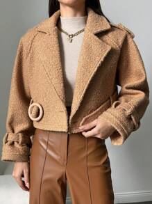 SHEIN Của phụ nữ Ngắn Len Áo khoác Với Thắt lưng Eo Và Tay Raglan - Lạc đà - Xem 3