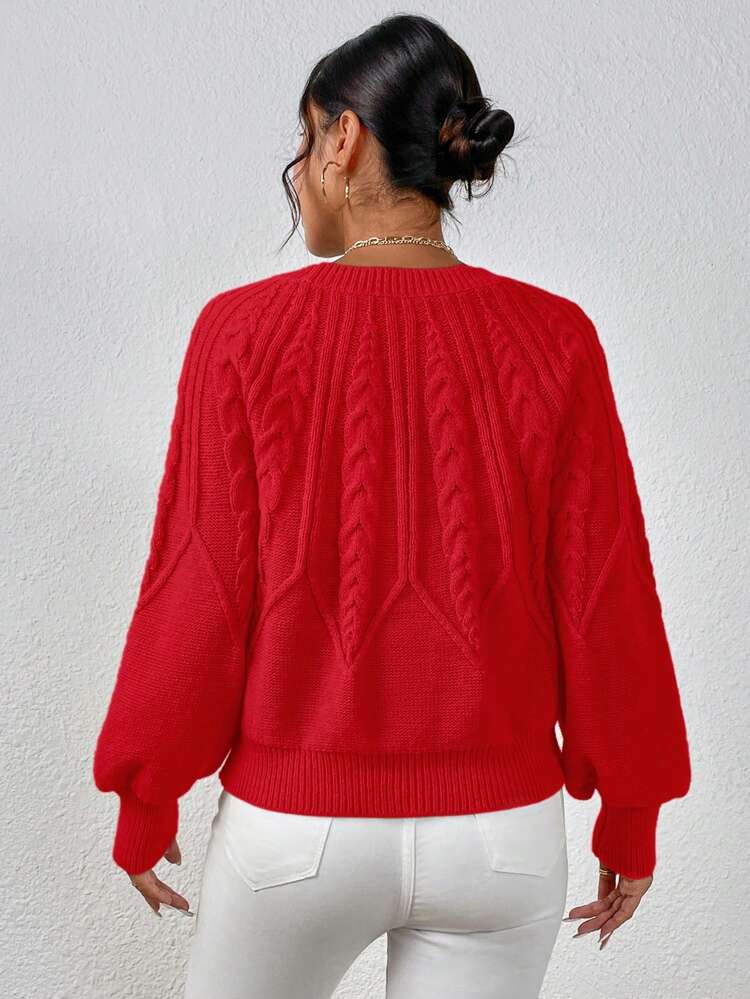Women's Red Textured Crewneck Loose Pullover Sweater, Valentine's Day Knit Pullover Fall Winter Sweater