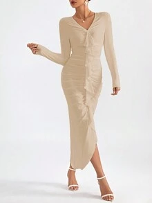 SHEIN Privé Ruffle Trim Ruched Asymmetrical Hem Bodycon Dress - Apricot - View 4